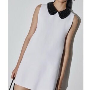 Zara White Mini Dress with Black Beaded Peter Pan Collar